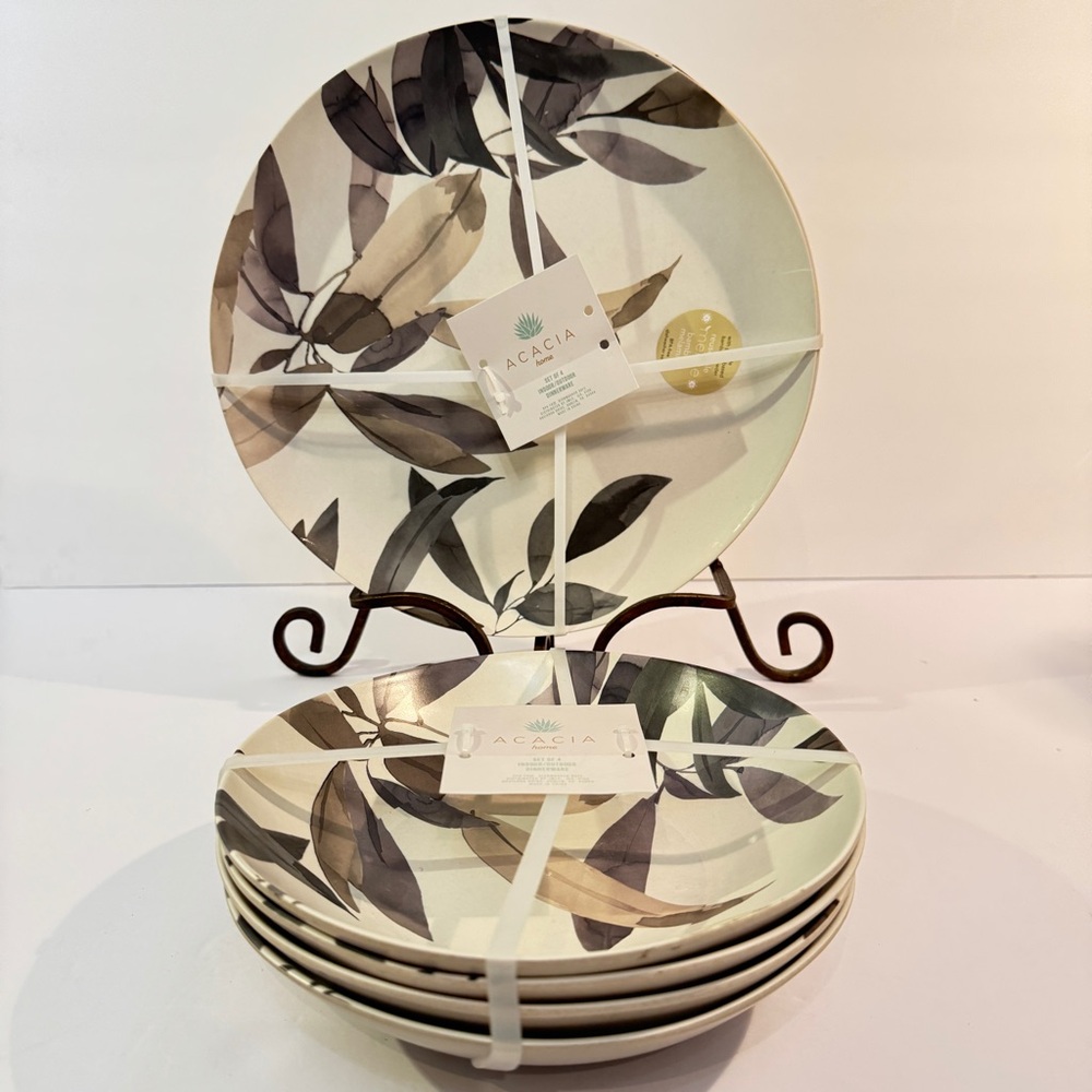 Acacia Bamboo Melamine Cream and Brown Plates and Bowls Dinnerware Set